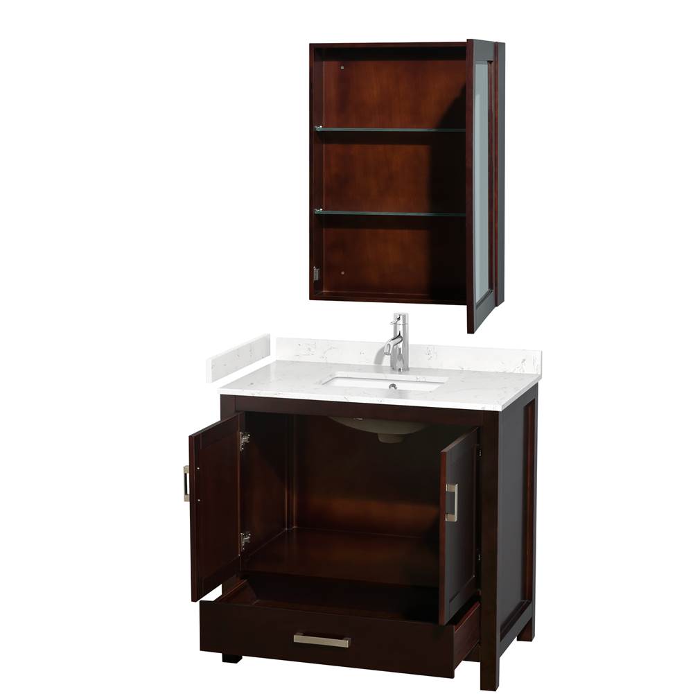 Sheffield 36 Inch Single Bathroom Vanity in Espresso, Carrara Cultured Marble Countertop, Undermount Square Sink, Medicine Cabinet