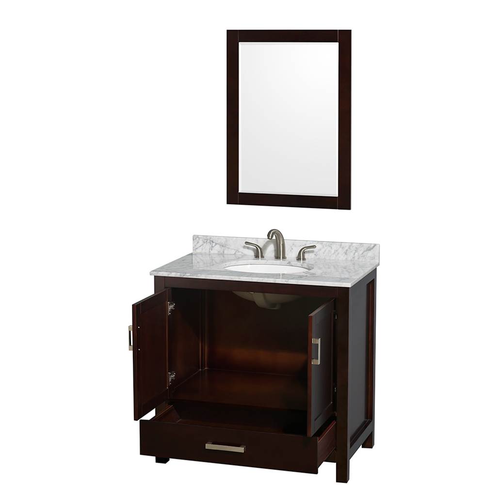 Sheffield 36 Inch Single Bathroom Vanity in Espresso, White Carrara Marble Countertop, Undermount Oval Sink, and 24 Inch Mirror