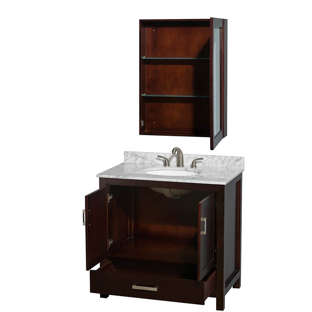 Sheffield 36 Inch Single Bathroom Vanity in Espresso, White Carrara Marble Countertop, Undermount Oval Sink, and Medicine Cabinet