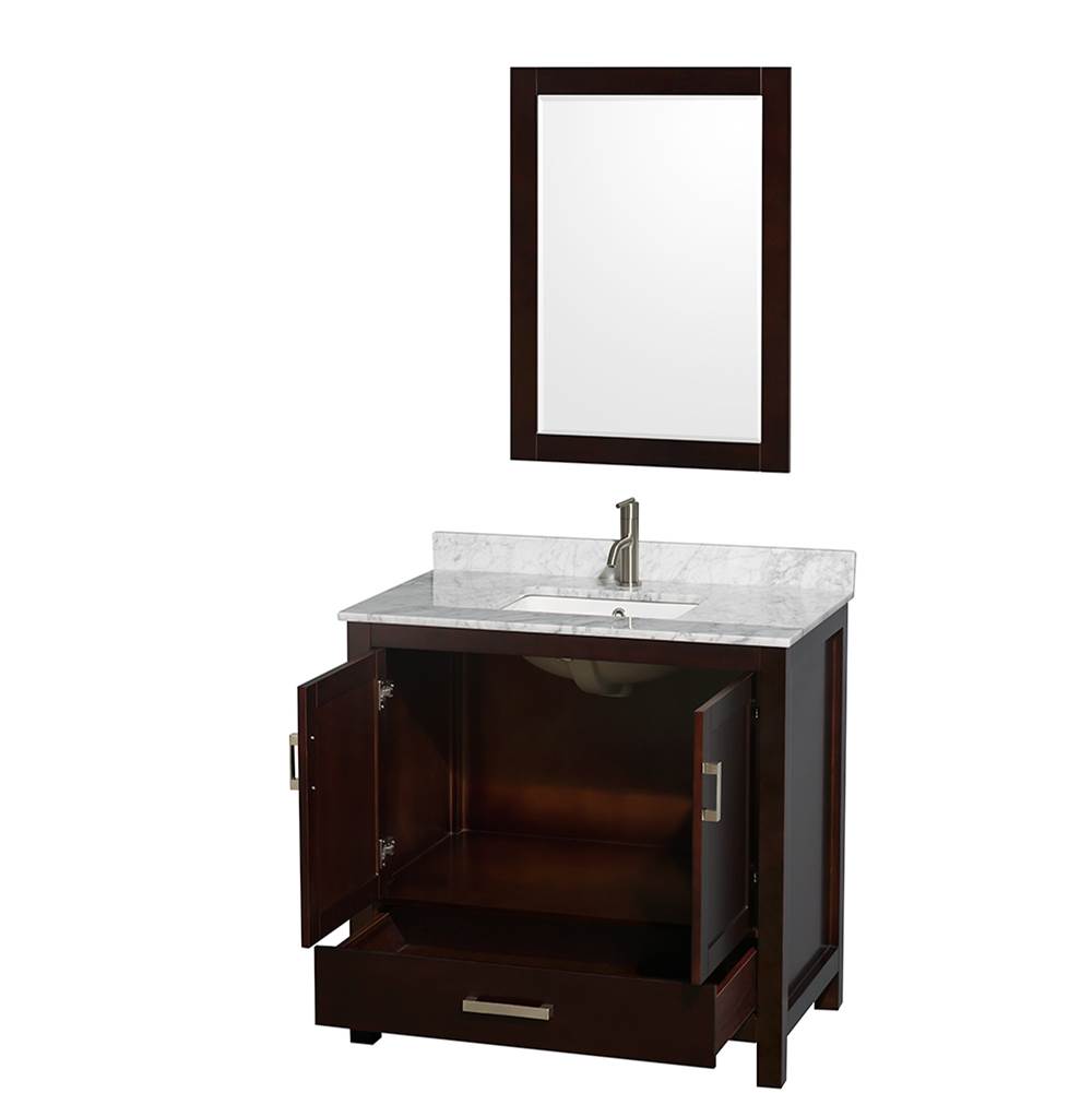 Sheffield 36 Inch Single Bathroom Vanity in Espresso, White Carrara Marble Countertop, Undermount Square Sink, and 24 Inch Mirror