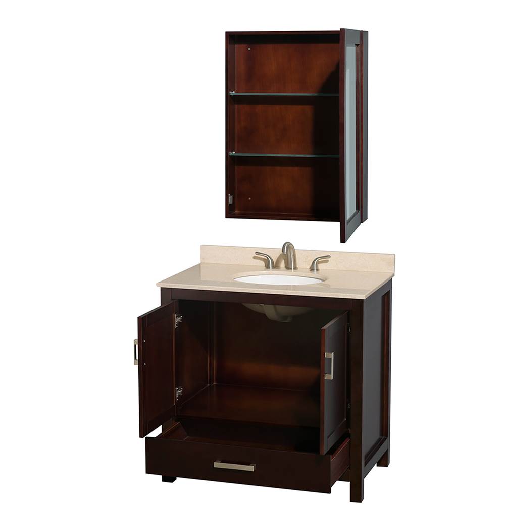 Sheffield 36 Inch Single Bathroom Vanity in Espresso, Ivory Marble Countertop, Undermount Oval Sink, and Medicine Cabinet