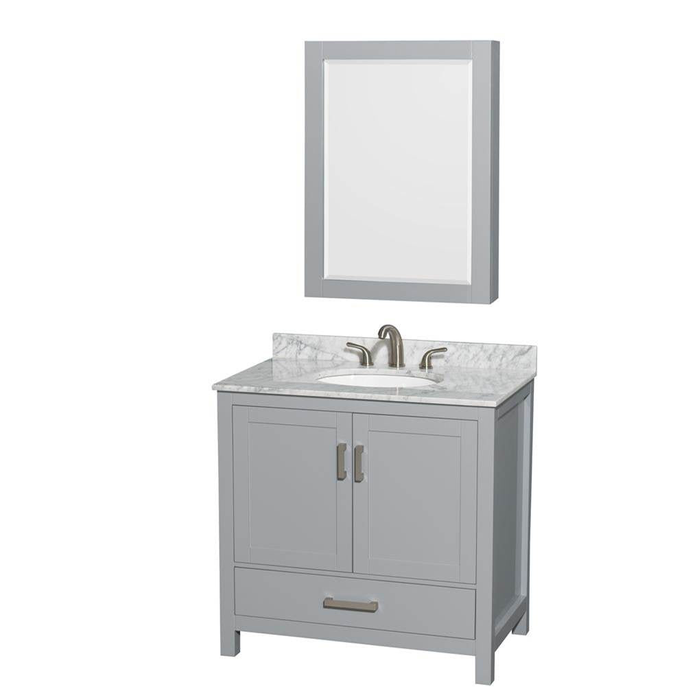 Wyndham Collection - Sheffield 36 Inch Single Bathroom Vanity in Gray, White Carrara Marble Countertop, Undermount Oval Sink, and Medicine Cabinet - Gray