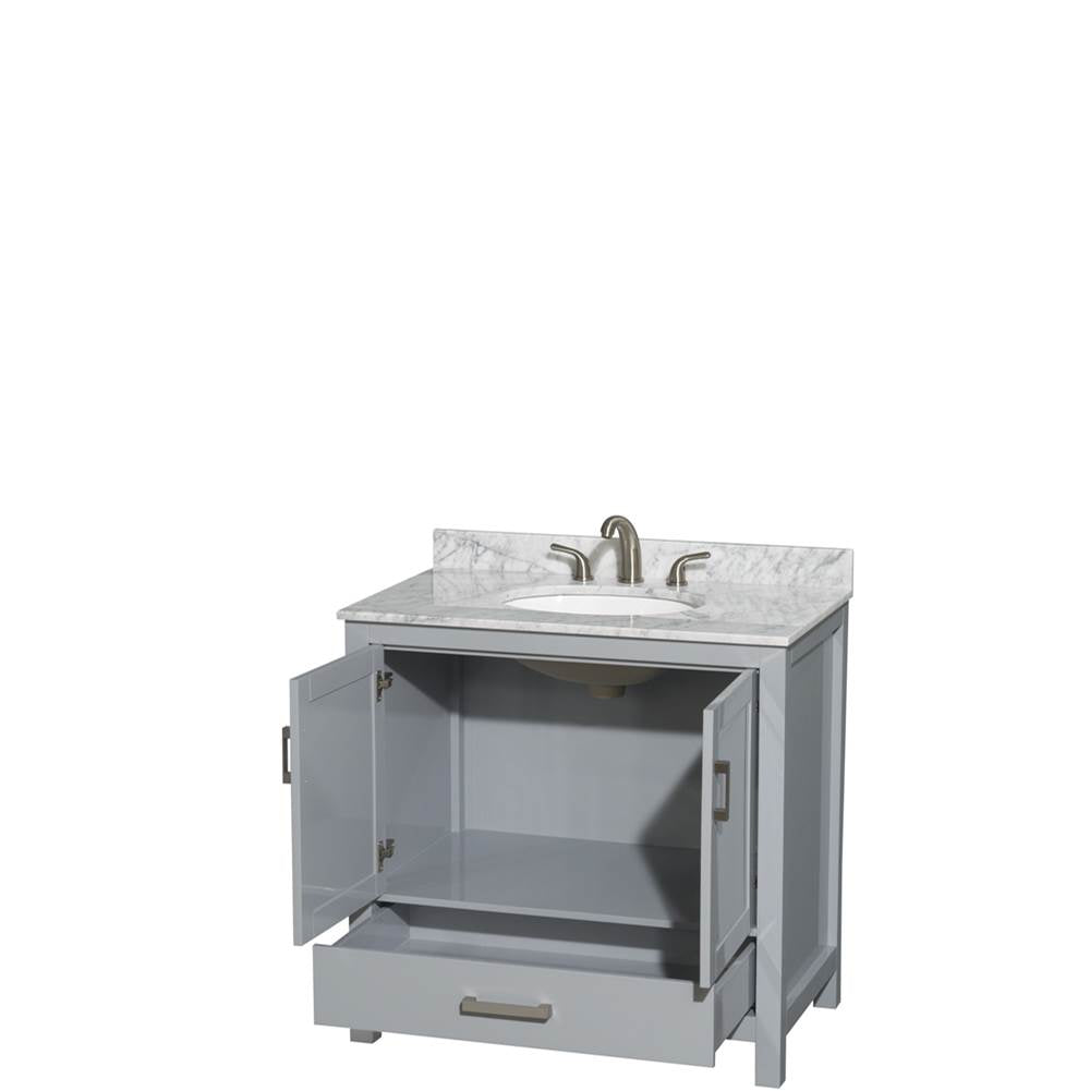Sheffield 36 Inch Single Bathroom Vanity in Espresso, White Carrara Marble Countertop, Undermount Oval Sink, and No Mirror