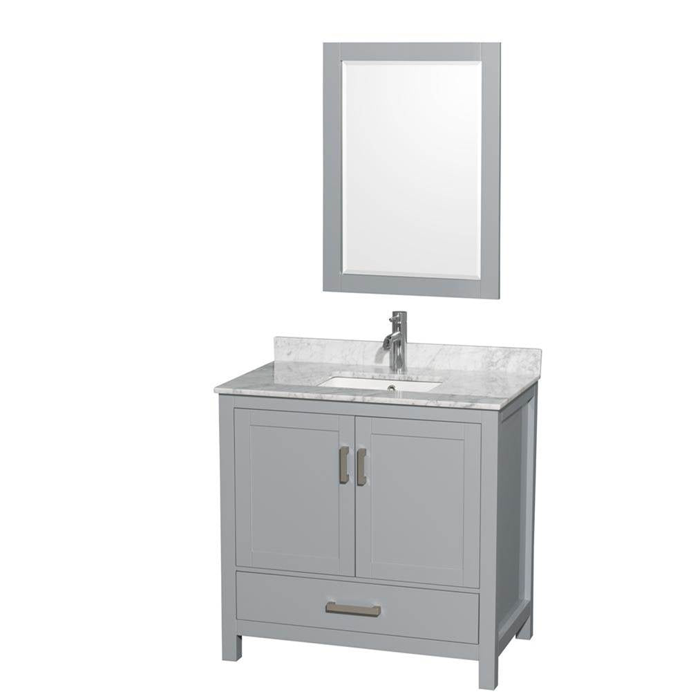 Wyndham Collection - Sheffield 36 Inch Single Bathroom Vanity in Gray, White Carrara Marble Countertop, Undermount Square Sink, and 24 Inch Mirror - Gray