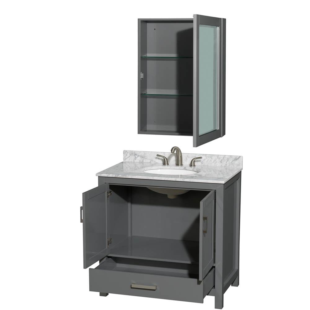 Sheffield 36 Inch Single Bathroom Vanity in Espresso, White Carrara Marble Countertop, Undermount Oval Sink, and Medicine Cabinet