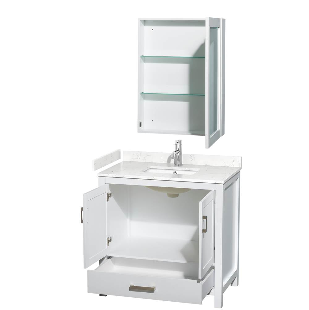 Sheffield 36 Inch Single Bathroom Vanity in White, Carrara Cultured Marble Countertop, Undermount Square Sink, Medicine Cabinet