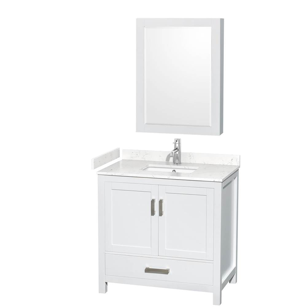 Wyndham Collection - Sheffield 36 Inch Single Bathroom Vanity in White, Carrara Cultured Marble Countertop, Undermount Square Sink, Medicine Cabinet