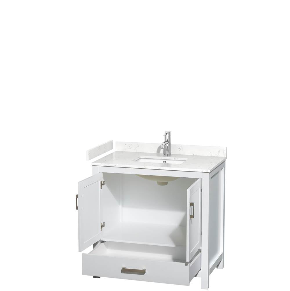 Sheffield 36 Inch Single Bathroom Vanity in White, Carrara Cultured Marble Countertop, Undermount Square Sink, No Mirror