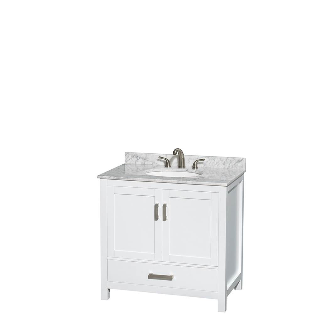 Wyndham Collection - Sheffield 36 Inch Single Bathroom Vanity in White, White Carrara Marble Countertop, Undermount Oval Sink, and No Mirror - White