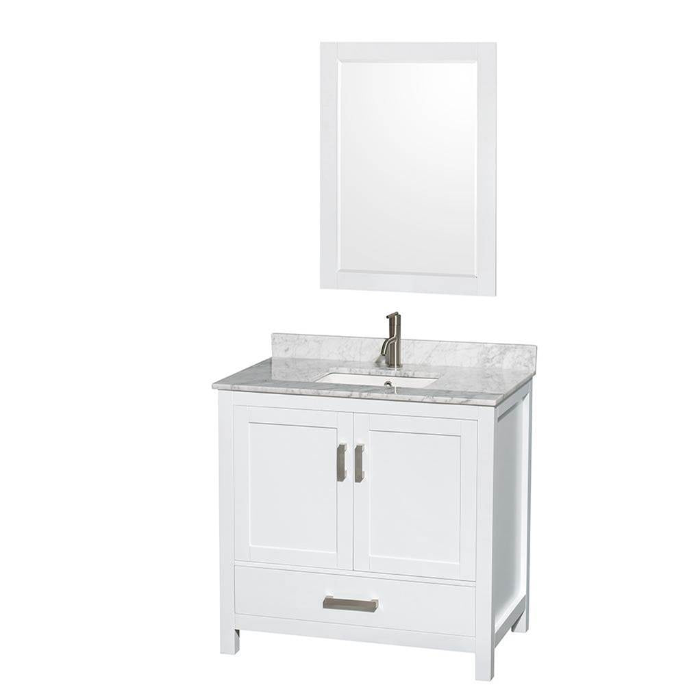 Wyndham Collection - Sheffield 36 Inch Single Bathroom Vanity in White, White Carrara Marble Countertop, Undermount Square Sink, and 24 Inch Mirror - White