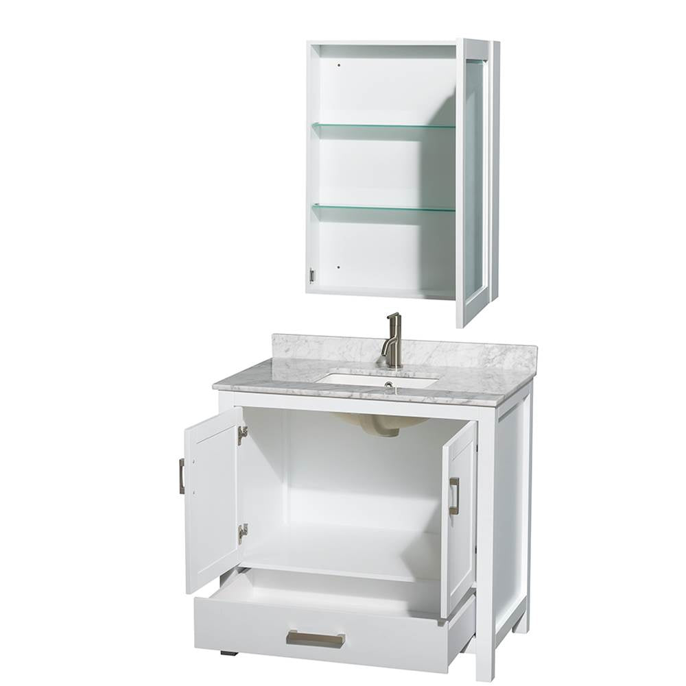 Sheffield 36 Inch Single Bathroom Vanity in Espresso, White Carrara Marble Countertop, Undermount Square Sink, and Medicine Cabinet