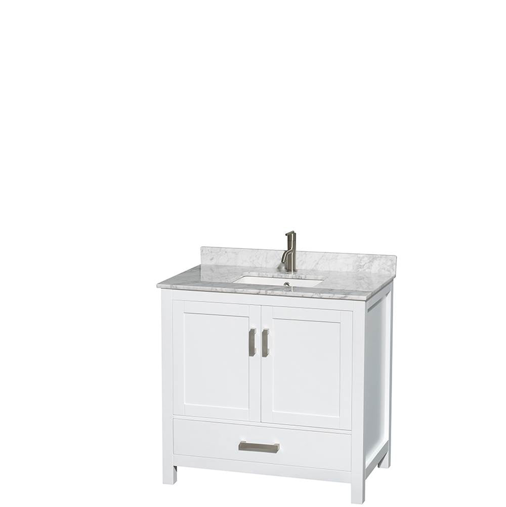 Sheffield 36 Inch Single Bathroom Vanity in Espresso, White Carrara Marble Countertop, Undermount Square Sink, and 24 Inch Mirror