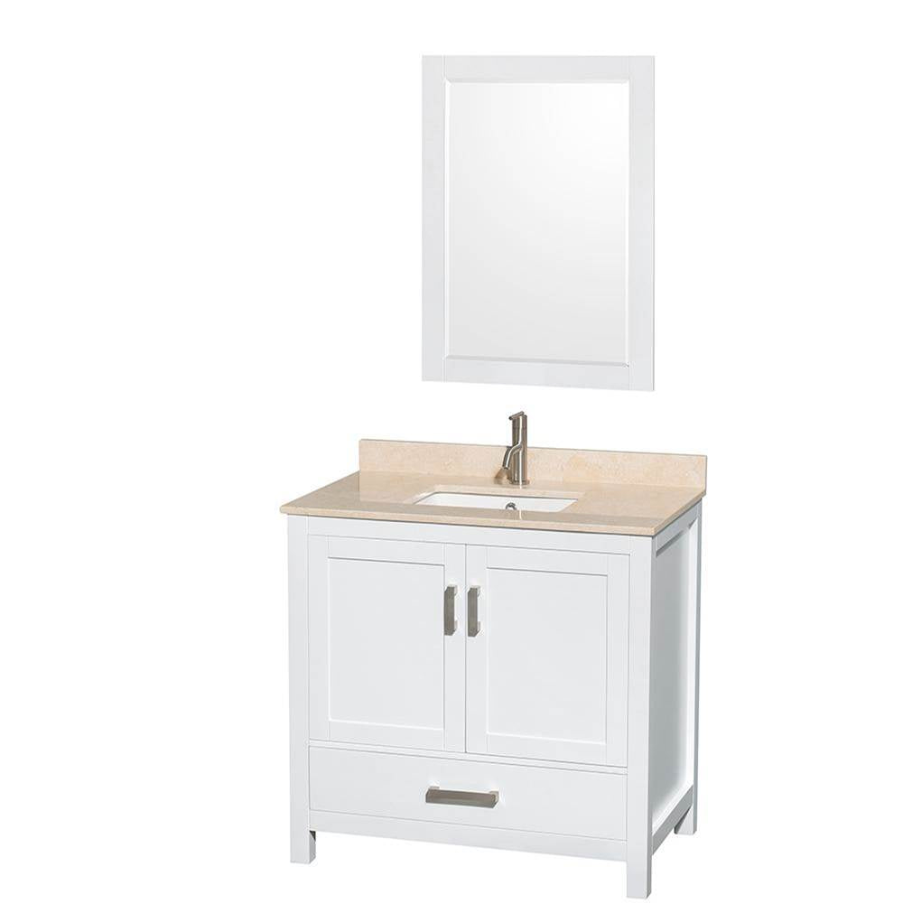 Wyndham Collection - Sheffield 36 Inch Single Bathroom Vanity in White, Ivory Marble Countertop, Undermount Square Sink, and 24 Inch Mirror - White