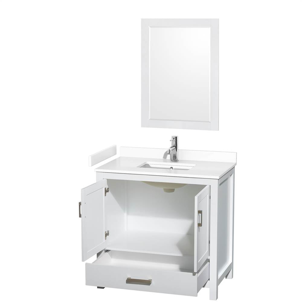 Sheffield 36 Inch Single Bathroom Vanity in White, White Cultured Marble Countertop, Undermount Square Sink, 24 Inch Mirror