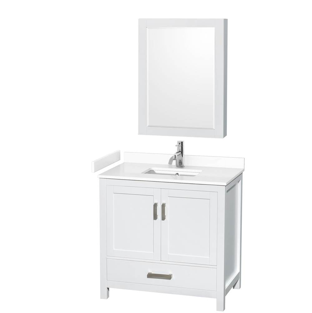 Wyndham Collection - Sheffield 36 Inch Single Bathroom Vanity in White, White Cultured Marble Countertop, Undermount Square Sink, Medicine Cabinet