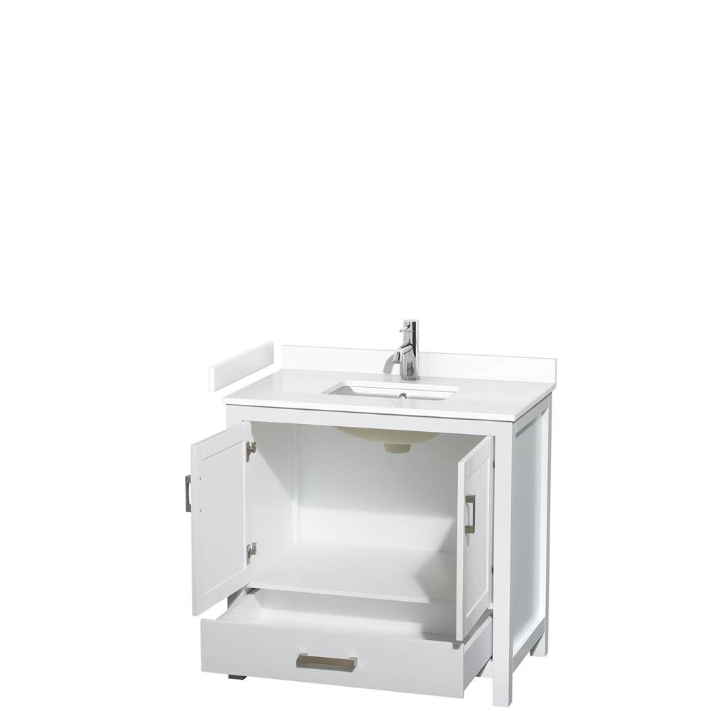 Sheffield 36 Inch Single Bathroom Vanity in White, White Cultured Marble Countertop, Undermount Square Sink, No Mirror