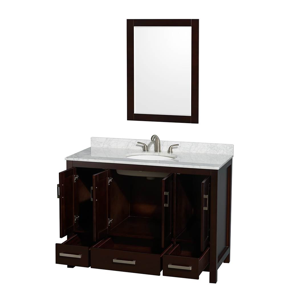Sheffield 48 Inch Single Bathroom Vanity in Espresso, White Carrara Marble Countertop, Undermount Oval Sink, and 24 Inch Mirror