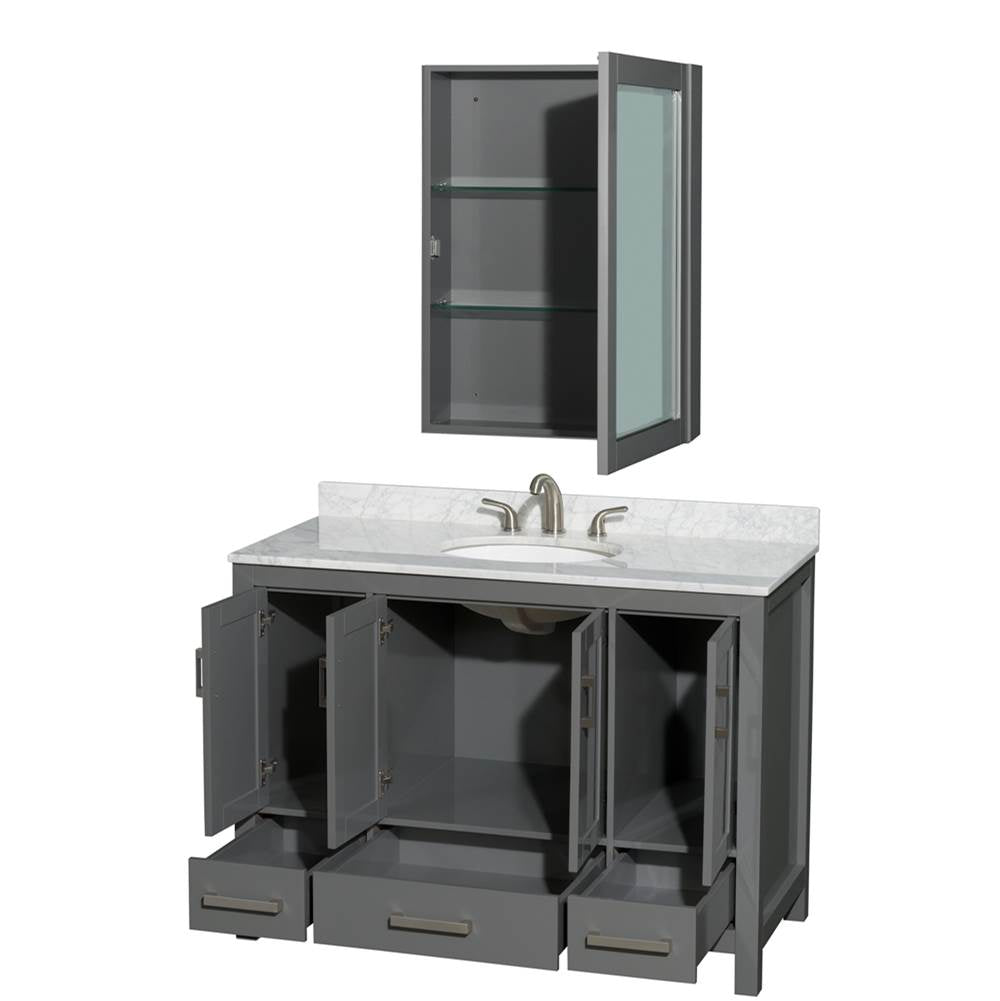 Sheffield 48 Inch Single Bathroom Vanity in Espresso, White Carrara Marble Countertop, Undermount Oval Sink, and Medicine Cabinet