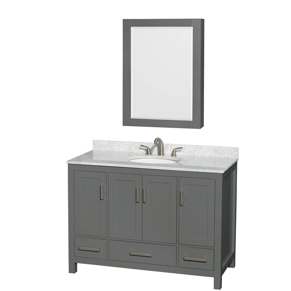 Wyndham Collection - Sheffield 48 Inch Single Bathroom Vanity in Dark Gray, White Carrara Marble Countertop, Undermount Oval Sink, and Medicine Cabinet - Dark Gray