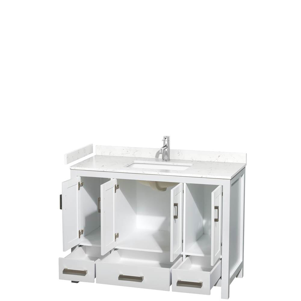 Sheffield 48 Inch Single Bathroom Vanity in White, Carrara Cultured Marble Countertop, Undermount Square Sink, No Mirror