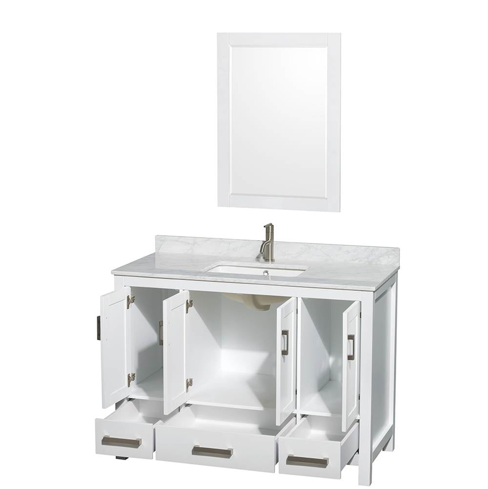 Sheffield 48 Inch Single Bathroom Vanity in Espresso, White Carrara Marble Countertop, Undermount Square Sink, and 24 Inch Mirror