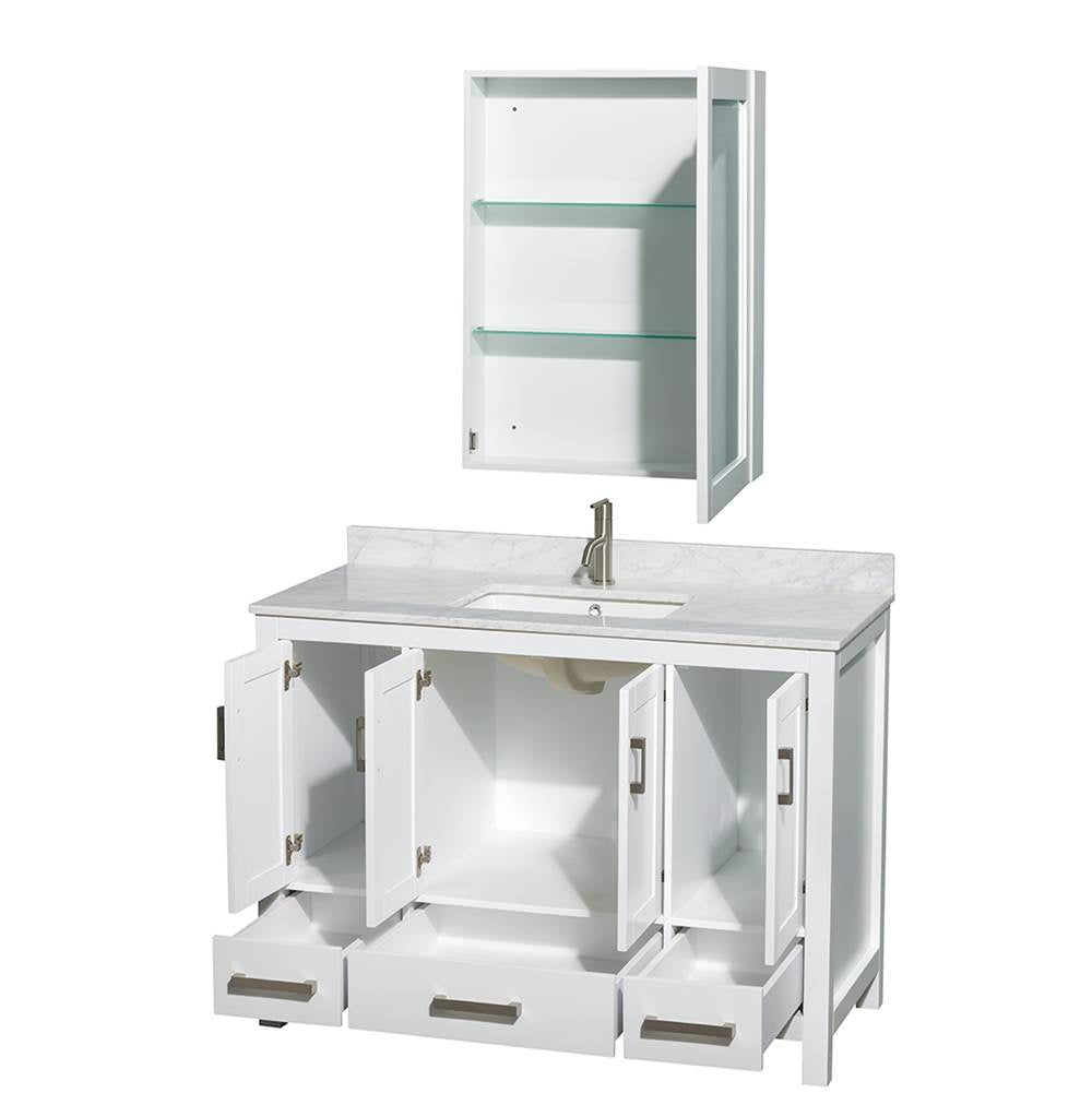 Sheffield 48 Inch Single Bathroom Vanity in Espresso, White Carrara Marble Countertop, Undermount Square Sink, and Medicine Cabinet