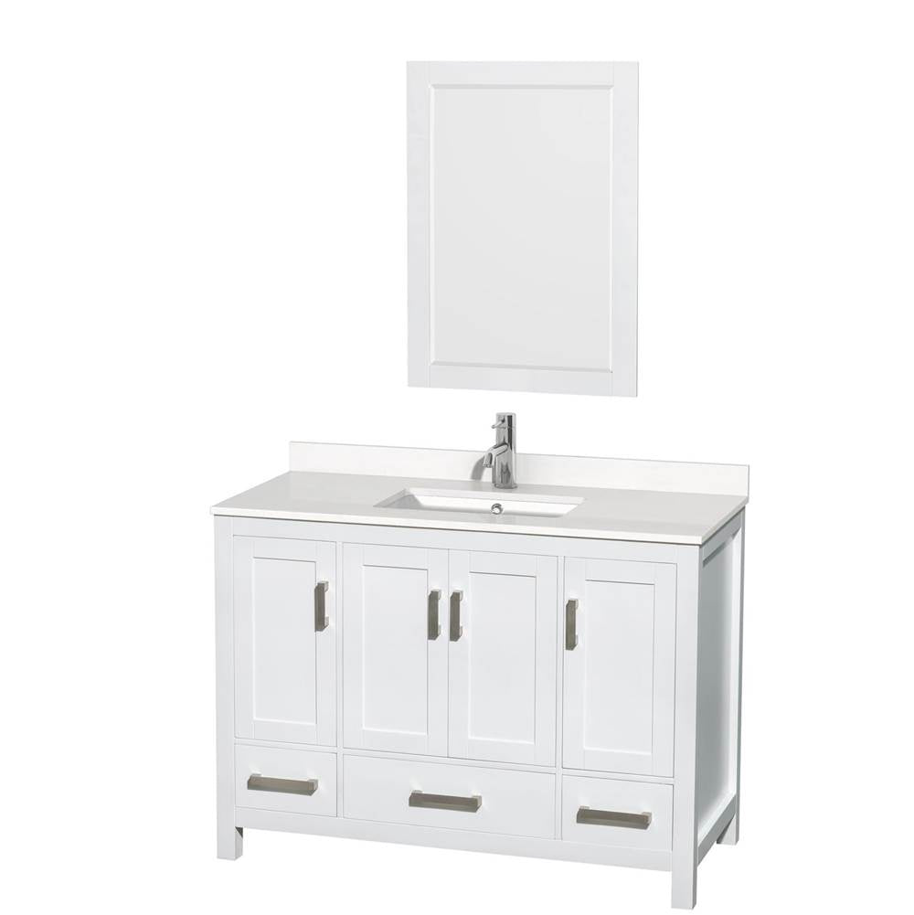 Wyndham Collection - Sheffield 48 Inch Single Bathroom Vanity in White, White Quartz Countertop, Undermount Square Sink, 24 Inch Mirror - White