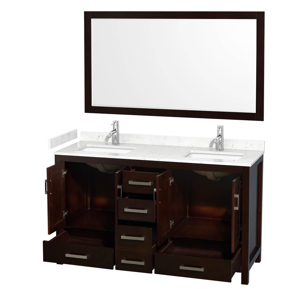 Sheffield 60 Inch Double Bathroom Vanity in Espresso, Carrara Cultured Marble Countertop, Undermount Square Sinks, 58 Inch Mirror