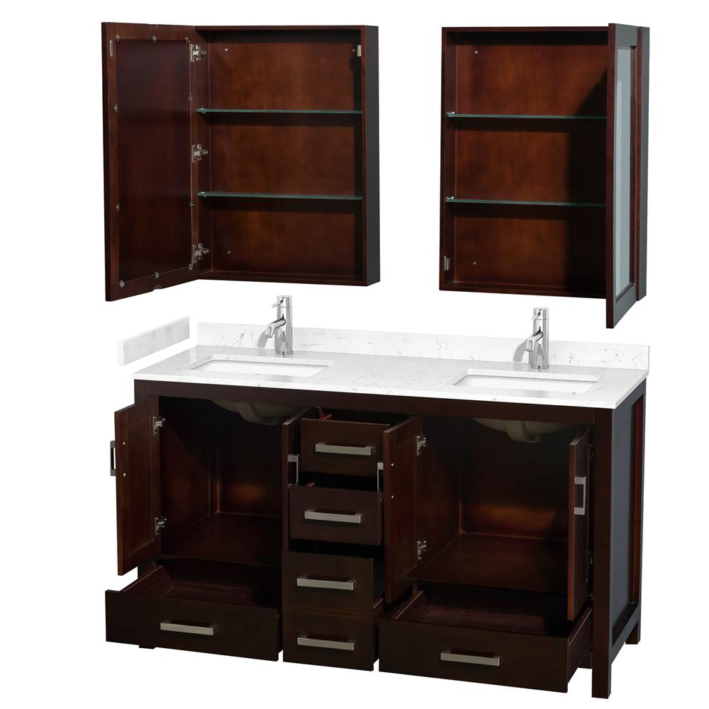 Sheffield 60 Inch Double Bathroom Vanity in Espresso, Carrara Cultured Marble Countertop, Undermount Square Sinks, Medicine Cabinets