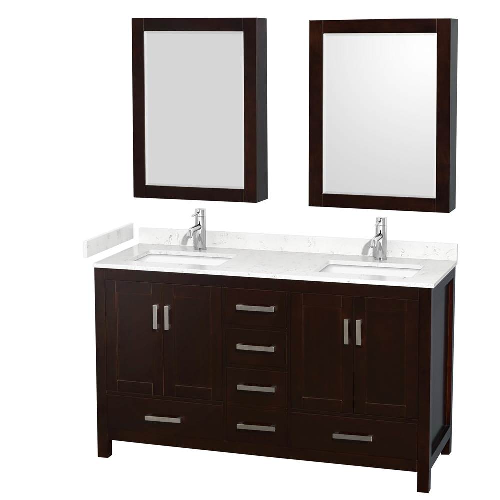 Wyndham Collection - Sheffield 60 Inch Double Bathroom Vanity in Espresso, Carrara Cultured Marble Countertop, Undermount Square Sinks, Medicine Cabinets