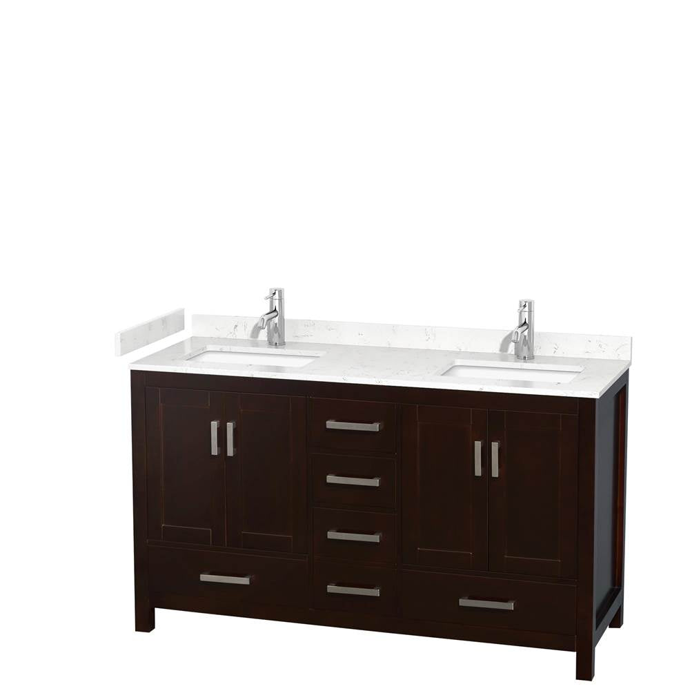 Wyndham Collection - Sheffield 60 Inch Double Bathroom Vanity in Espresso, Carrara Cultured Marble Countertop, Undermount Square Sinks, No Mirror