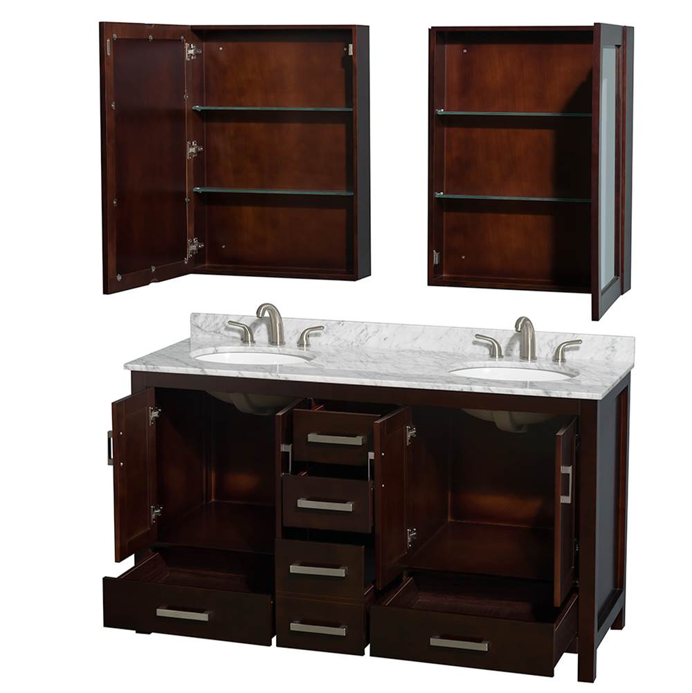 Sheffield 60 Inch Double Bathroom Vanity in Espresso, White Carrara Marble Countertop, Undermount Oval Sinks, and Medicine Cabinets