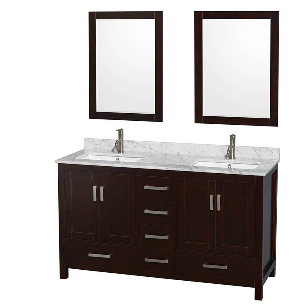 Wyndham Collection - Sheffield 60 Inch Double Bathroom Vanity in Espresso, White Carrara Marble Countertop, Undermount Square Sinks, and 24 Inch Mirrors - Espresso