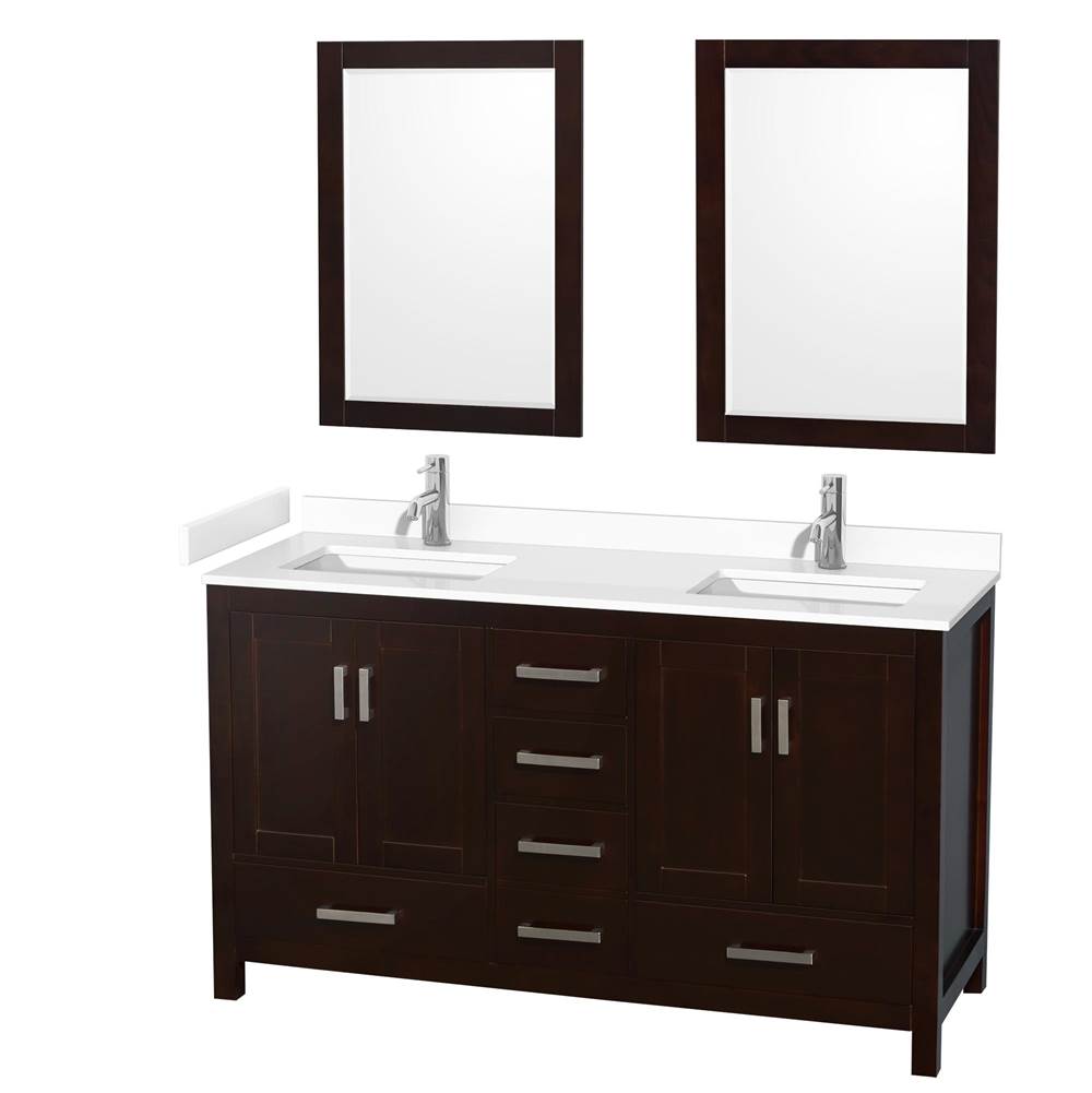 Wyndham Collection - Sheffield 60 Inch Double Bathroom Vanity in Espresso, White Cultured Marble Countertop, Undermount Square Sinks, 24 Inch Mirrors