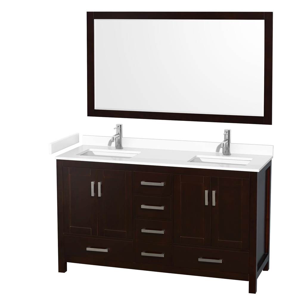 Wyndham Collection - Sheffield 60 Inch Double Bathroom Vanity in Espresso, White Cultured Marble Countertop, Undermount Square Sinks, 58 Inch Mirror