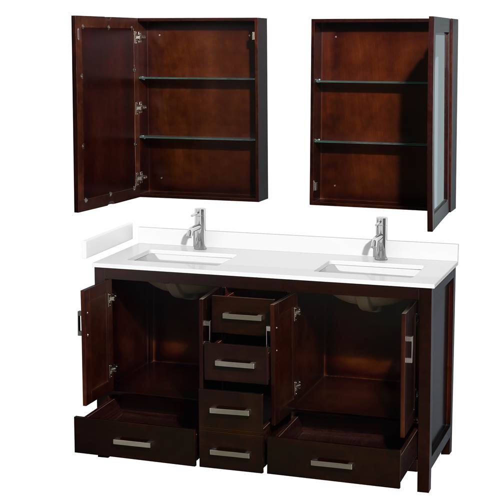 Sheffield 60 Inch Double Bathroom Vanity in Espresso, White Cultured Marble Countertop, Undermount Square Sinks, Medicine Cabinets