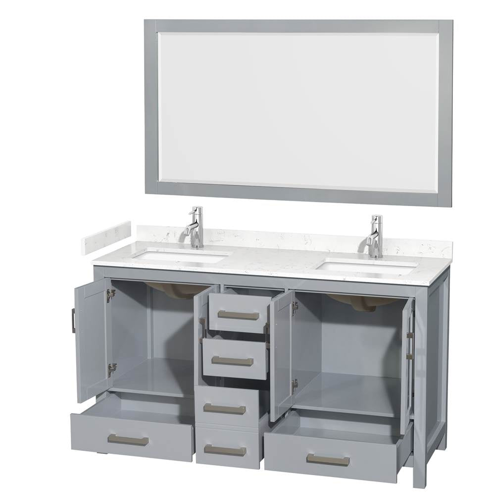 Sheffield 60 Inch Double Bathroom Vanity in Gray, Carrara Cultured Marble Countertop, Undermount Square Sinks, 58 Inch Mirror