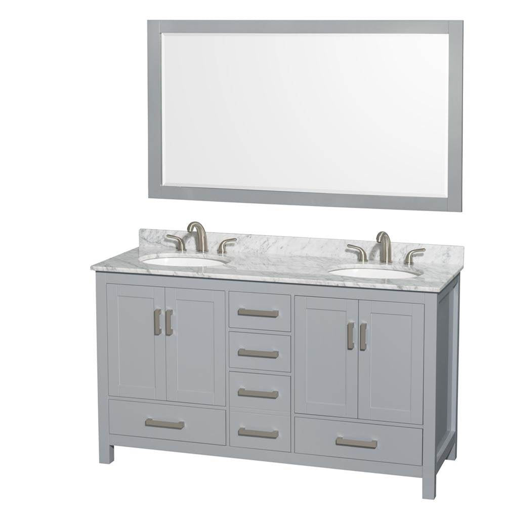 Wyndham Collection - Sheffield 60 Inch Double Bathroom Vanity in Gray, White Carrara Marble Countertop, Undermount Oval Sinks, and 58 Inch Mirror - Gray