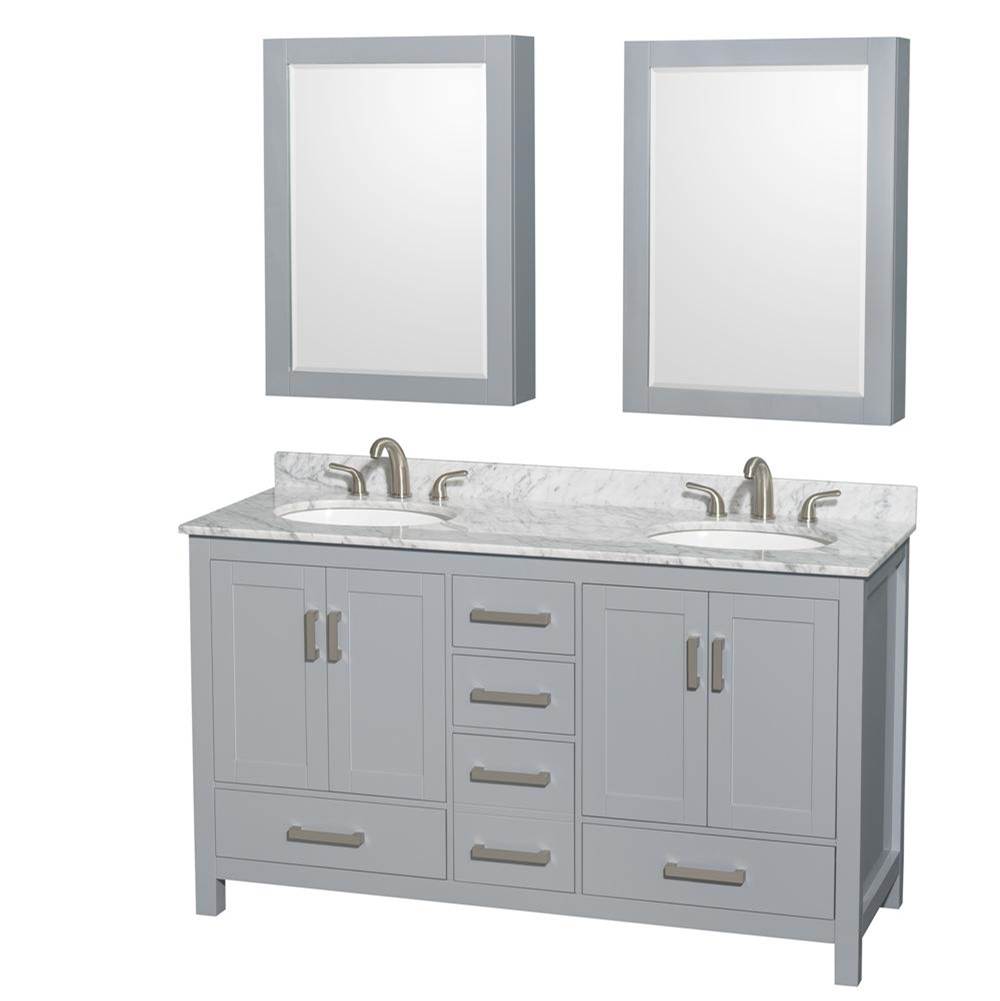 Wyndham Collection - Sheffield 60 Inch Double Bathroom Vanity in Gray, White Carrara Marble Countertop, Undermount Oval Sinks, and Medicine Cabinets - Gray