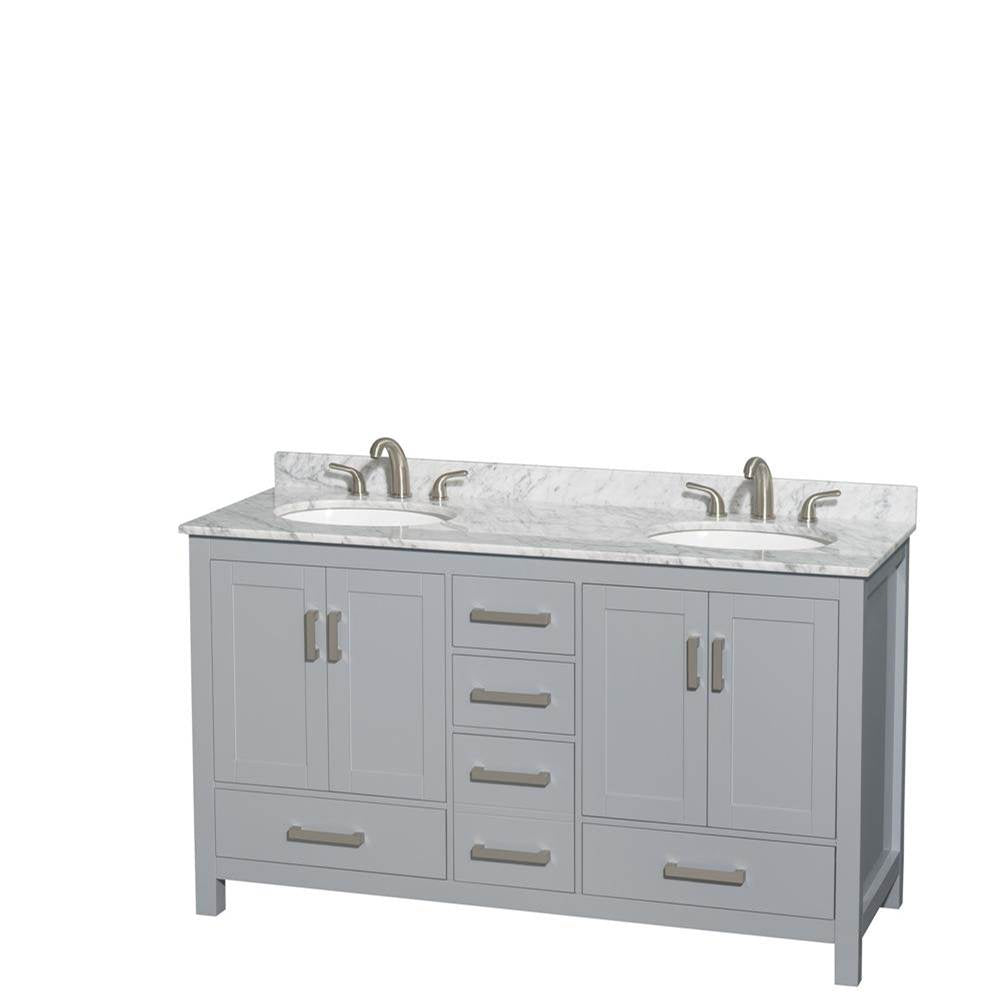 Wyndham Collection - Sheffield 60 Inch Double Bathroom Vanity in Gray, White Carrara Marble Countertop, Undermount Oval Sinks, and No Mirror - Gray