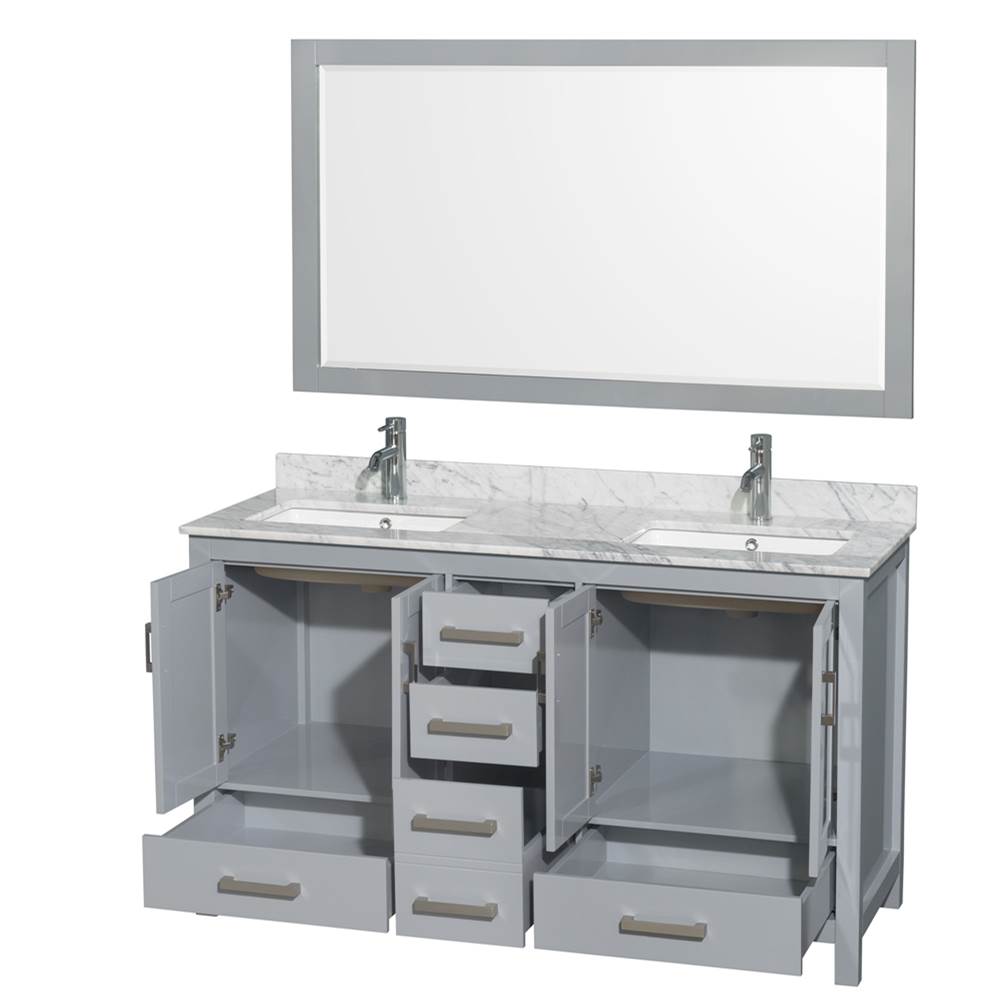 Sheffield 60 Inch Double Bathroom Vanity in Espresso, White Carrara Marble Countertop, Undermount Square Sinks, and 58 Inch Mirror