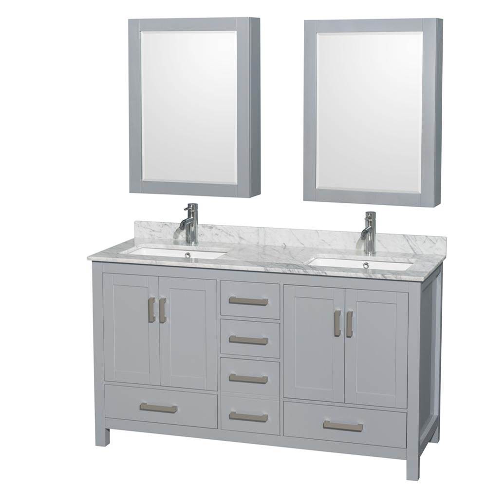 Wyndham Collection - Sheffield 60 Inch Double Bathroom Vanity in Gray, White Carrara Marble Countertop, Undermount Square Sinks, and Medicine Cabinets - Gray