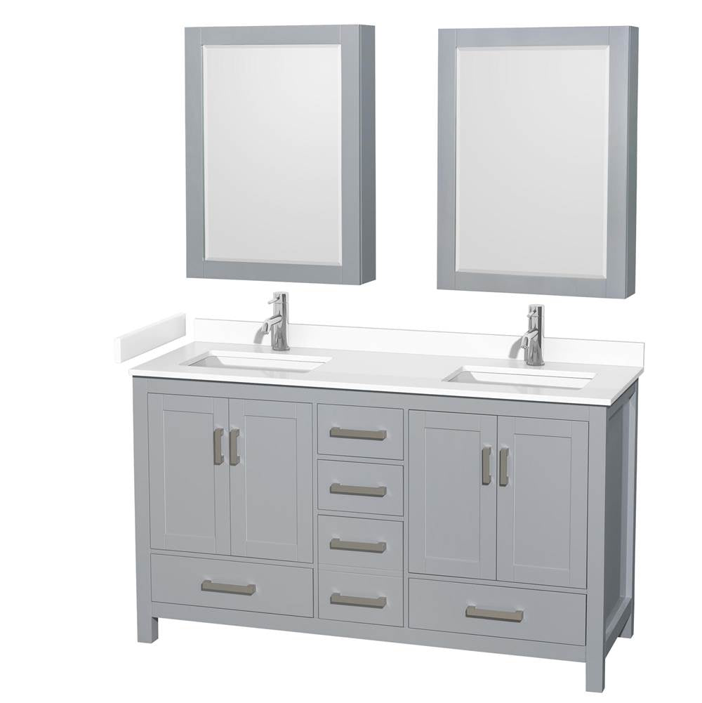 Wyndham Collection - Sheffield 60 Inch Double Bathroom Vanity in Gray, White Cultured Marble Countertop, Undermount Square Sinks, Medicine Cabinets