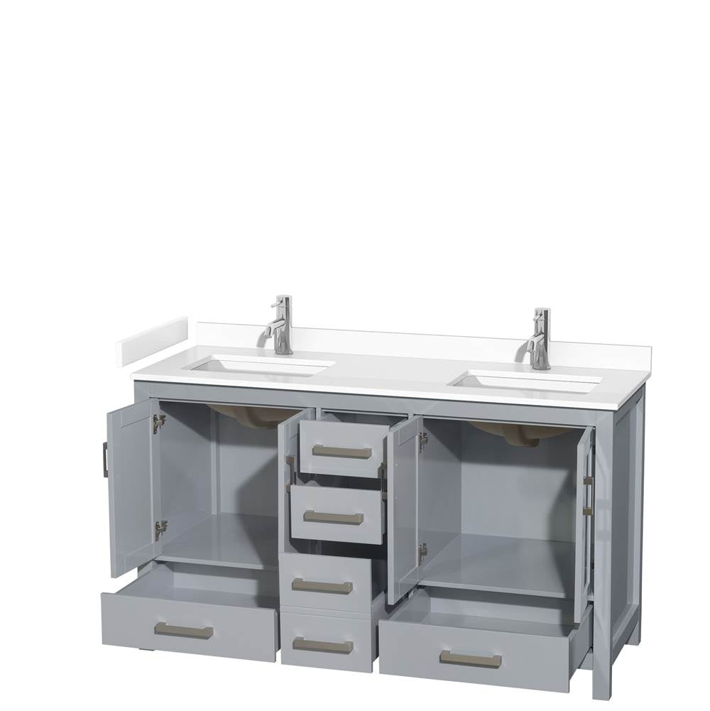 Sheffield 60 Inch Double Bathroom Vanity in Gray, White Cultured Marble Countertop, Undermount Square Sinks, No Mirror