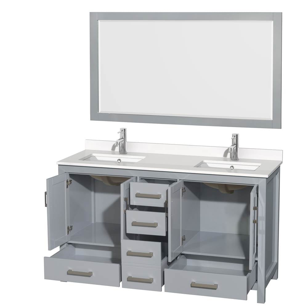 Sheffield 60 Inch Double Bathroom Vanity in Gray, White Quartz Countertop, Undermount Square Sinks, 58 Inch Mirror