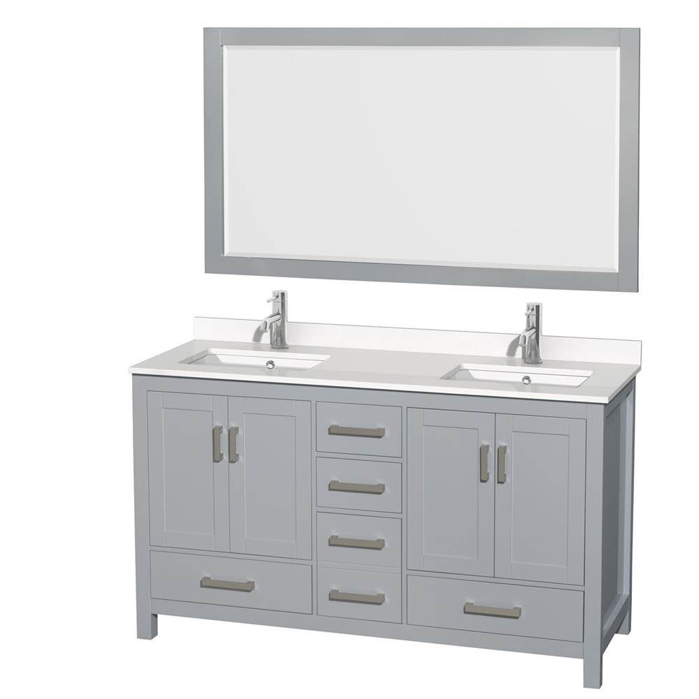 Wyndham Collection - Sheffield 60 Inch Double Bathroom Vanity in Gray, White Quartz Countertop, Undermount Square Sinks, 58 Inch Mirror - Gray