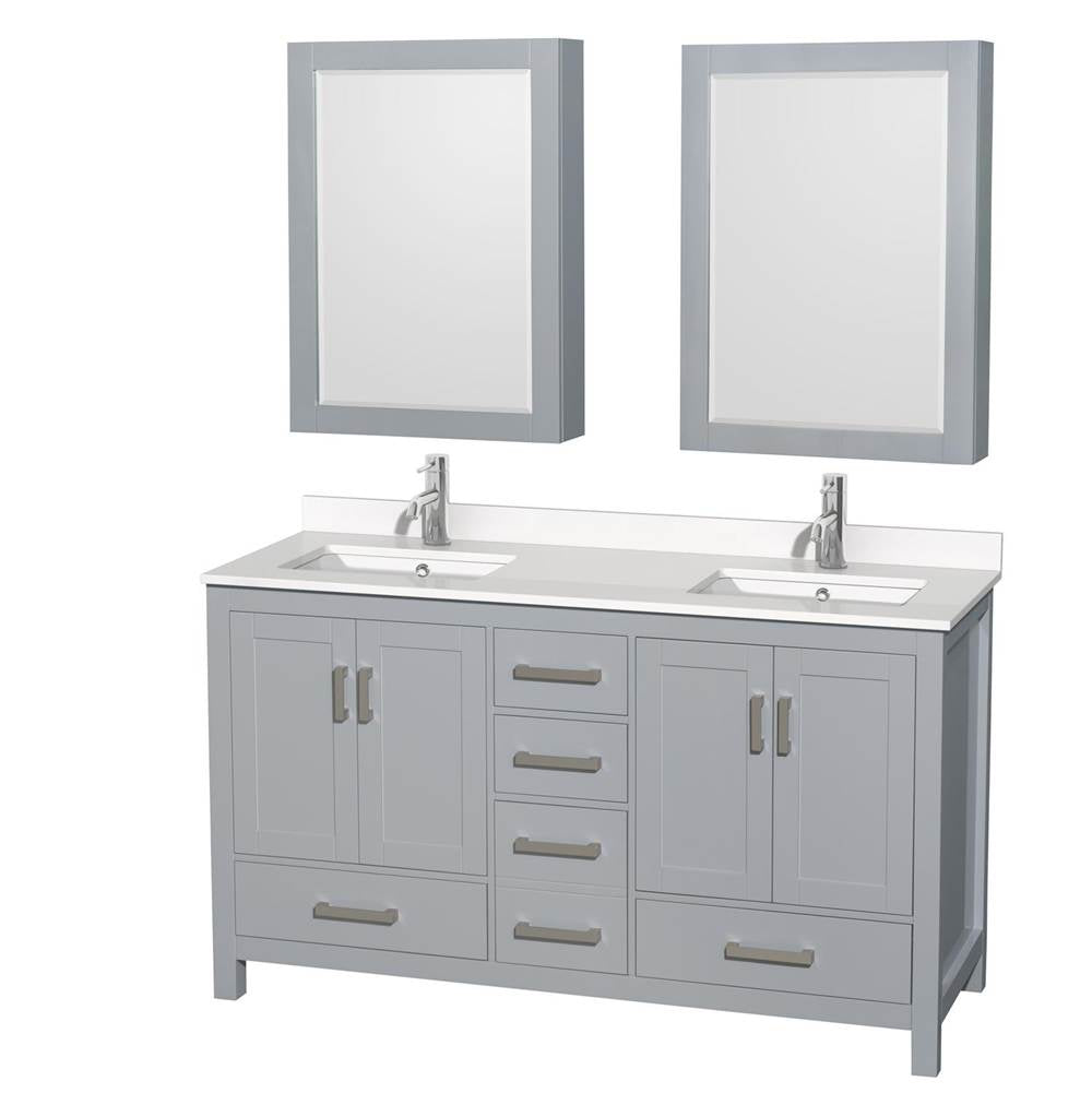 Wyndham Collection - Sheffield 60 Inch Double Bathroom Vanity in Gray, White Quartz Countertop, Undermount Square Sinks, Medicine Cabinets - Gray