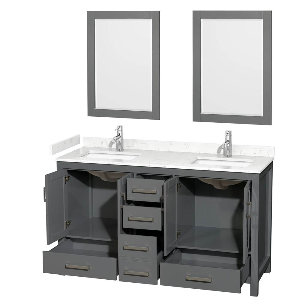 Sheffield 60 Inch Double Bathroom Vanity in Dark Gray, Carrara Cultured Marble Countertop, Undermount Square Sinks, 24 Inch Mirrors