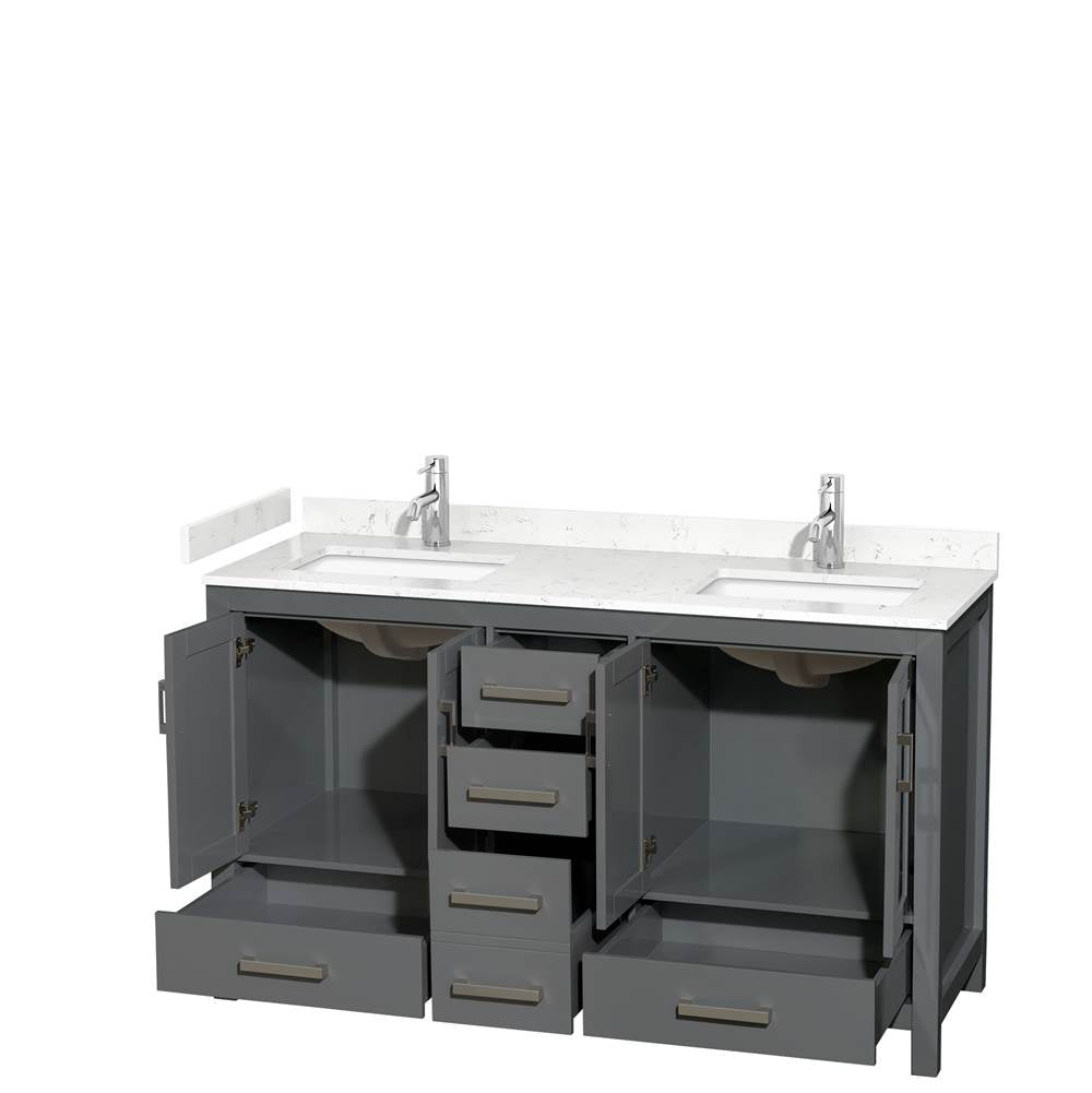 Sheffield 60 Inch Double Bathroom Vanity in Dark Gray, Carrara Cultured Marble Countertop, Undermount Square Sinks, No Mirror