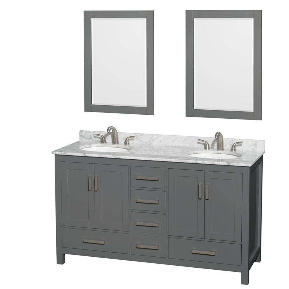 Wyndham Collection - Sheffield 60 Inch Double Bathroom Vanity in Dark Gray, White Carrara Marble Countertop, Undermount Oval Sinks, and 24 Inch Mirrors - Dark Gray